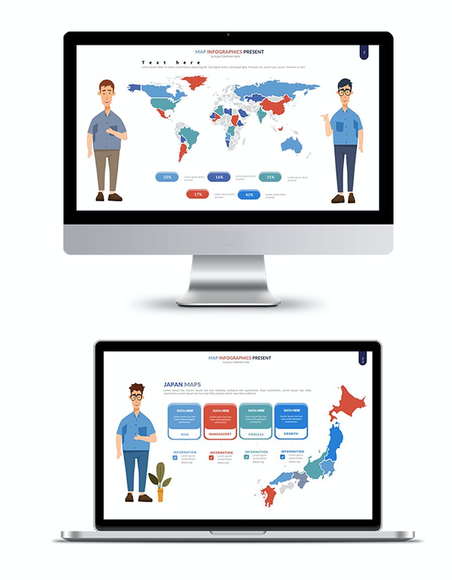 人物插画世界各国地图区域PPT模板 - 顶尖PPT