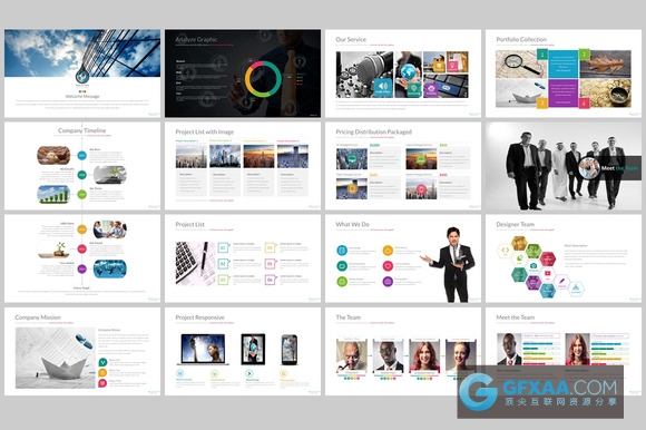 100页扁平化白色背景多色系图形PPT模板 - 顶尖PPT