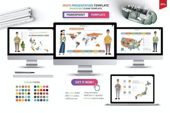 人物插画世界各国地图PPT动画模板 - 顶尖PPT