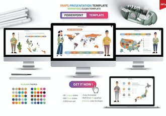 人物插画世界各国地图PPT动画模板 - 顶尖PPT