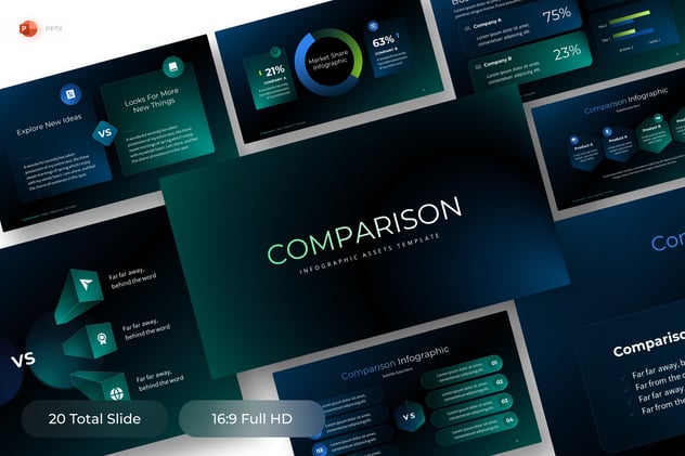 黑色底数据对比信息图形PPT模板 - 顶尖PPT