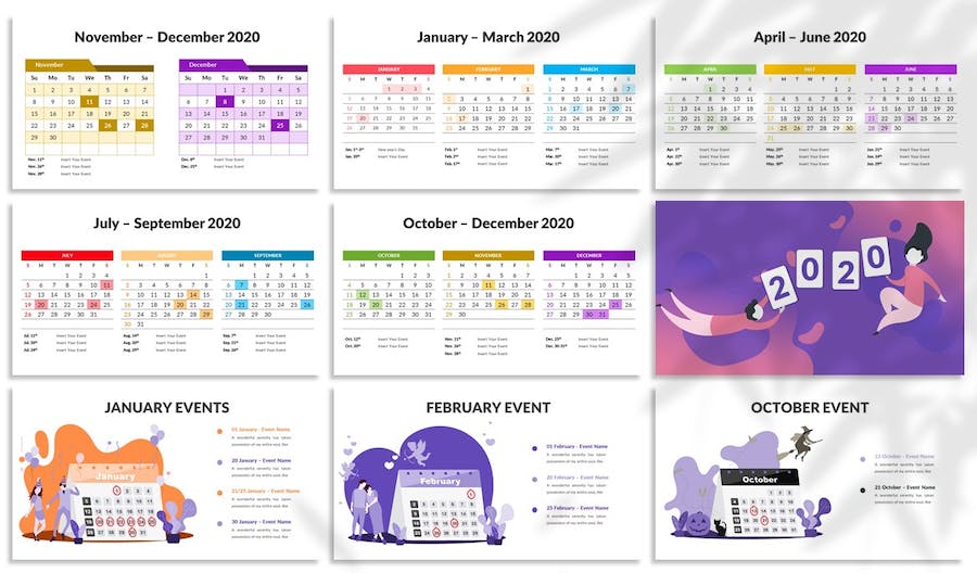 创意卡通人物插画新年日历展示PPT模板 - 顶尖PPT