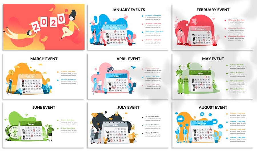 创意卡通人物插画新年日历展示PPT模板 - 顶尖PPT