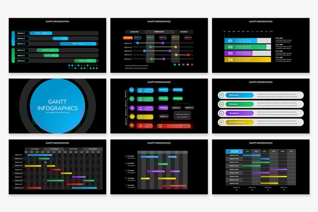 科技感深色项目管理甘特图PPT模板 - 顶尖PPT