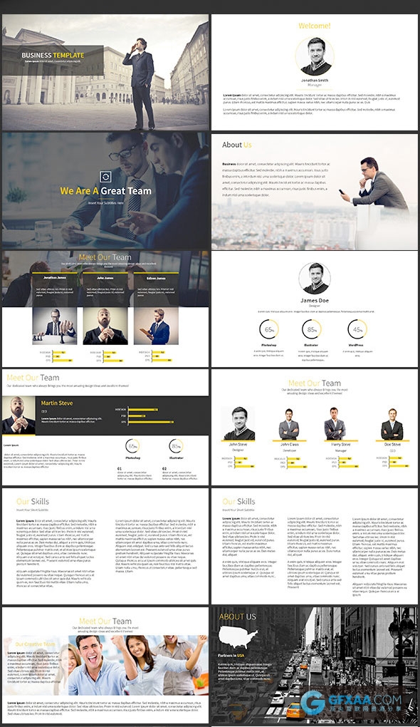 95页黑黄色搭配扁平化简约商务PPT模板 - 顶尖PPT