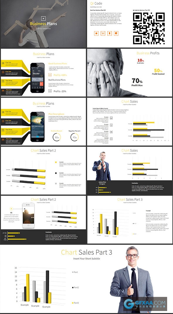 95页黑黄色搭配扁平化简约商务PPT模板 - 顶尖PPT