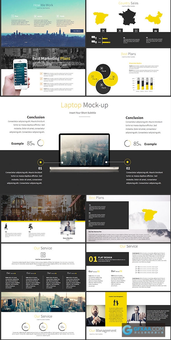 95页黑黄色搭配扁平化简约商务PPT模板 - 顶尖PPT