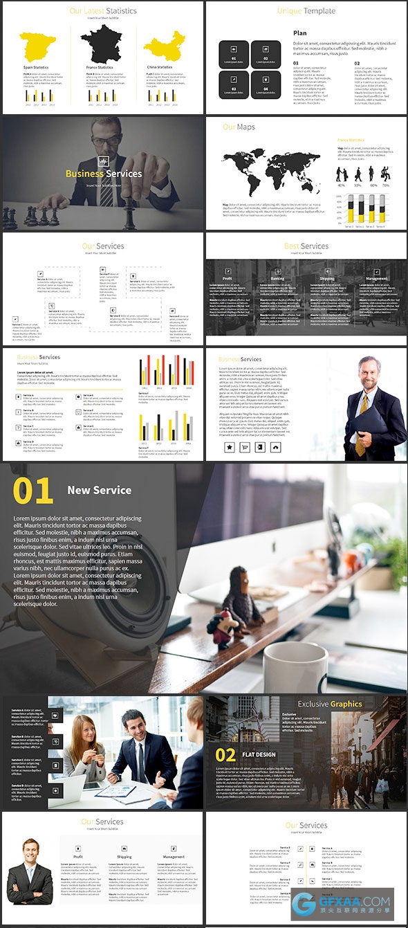 95页黑黄色搭配扁平化简约商务PPT模板 - 顶尖PPT