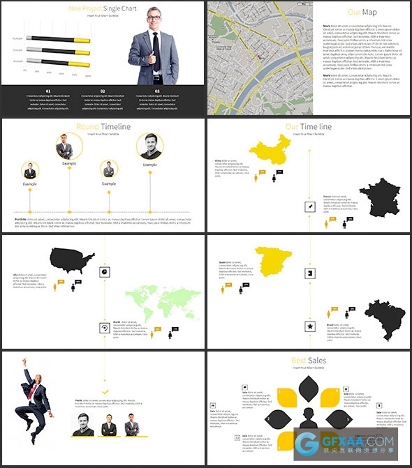 95页黑黄色搭配扁平化简约商务PPT模板 - 顶尖PPT