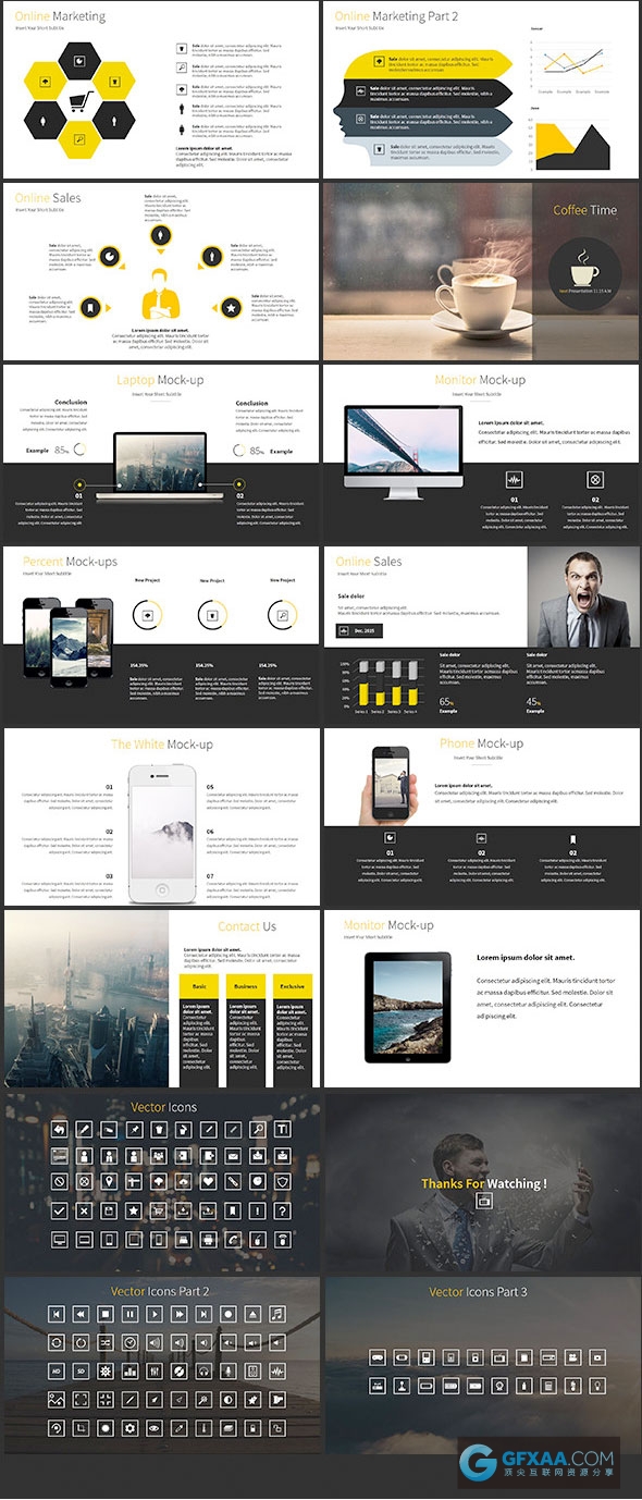 95页黑黄色搭配扁平化简约商务PPT模板 - 顶尖PPT