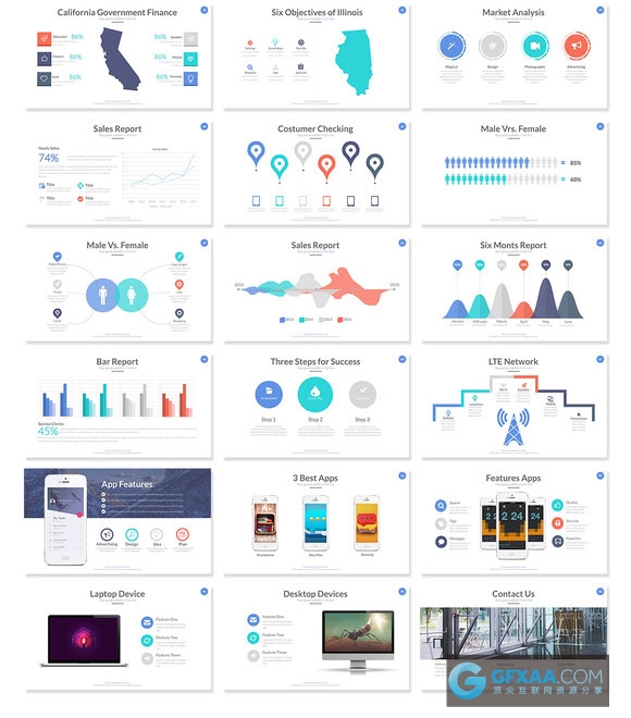 60多页精美配色图形图表多用途PPT模板 - 顶尖PPT
