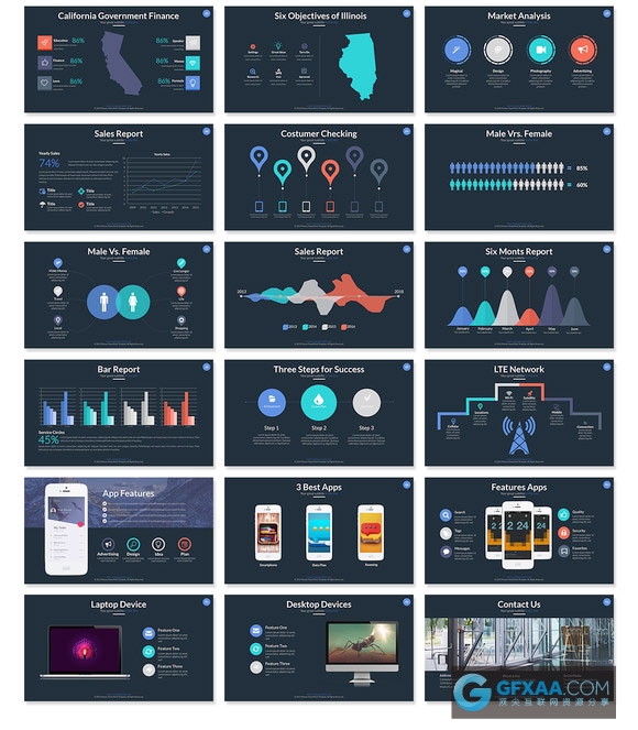 60多页精美配色图形图表多用途PPT模板 - 顶尖PPT