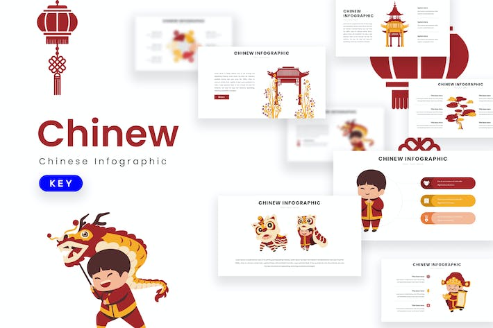 小孩舞龙舞狮插画龙年新年keynote模板 - 顶尖PPT