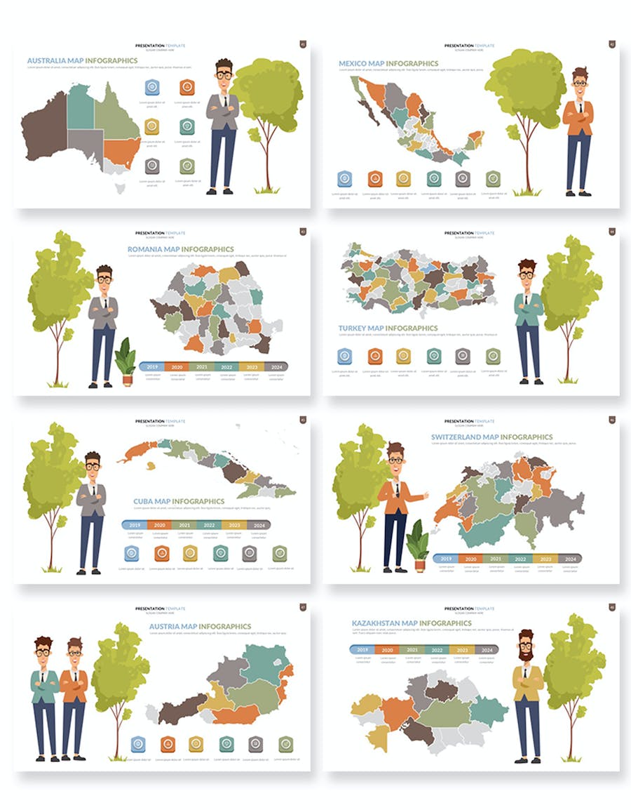 人物插画世界国家地图可编辑PPT模板 - 顶尖PPT