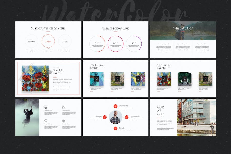 极简水彩艺术作品价值分析PPT模板 - 顶尖PPT