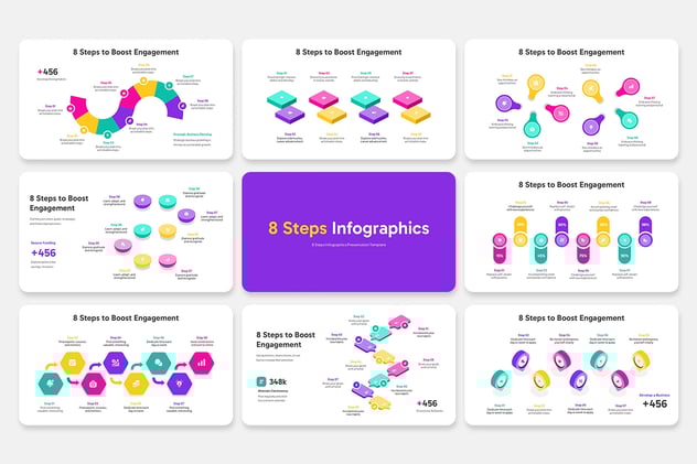 彩色8个步骤流程图形PPT模板 - 顶尖PPT