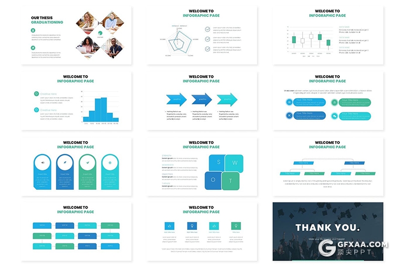 30页蓝绿配色大学学校宣传介绍PPT模板5种主题配色 - 顶尖PPT