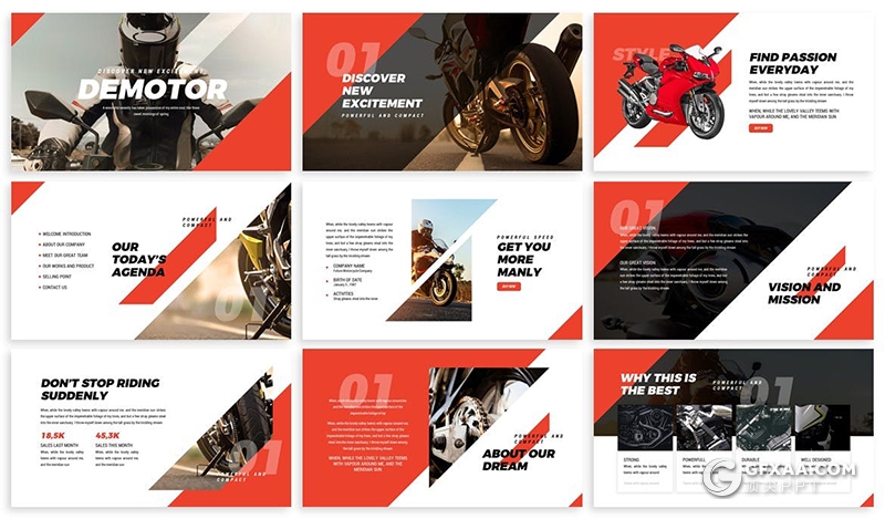 30页三角图形版式设计摩托车产品介绍宣传推广keynote模板 - 顶尖PPT