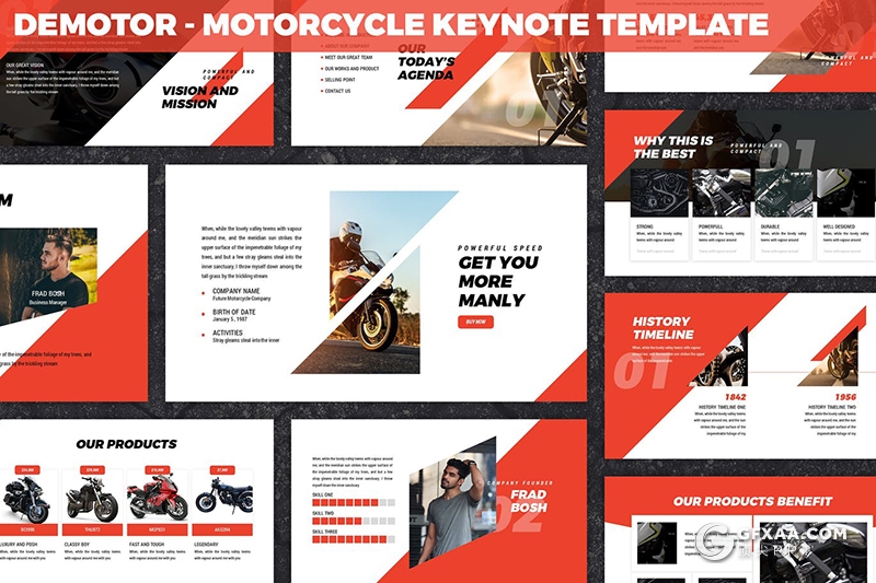 30页三角图形版式设计摩托车产品介绍宣传推广keynote模板 - 顶尖PPT