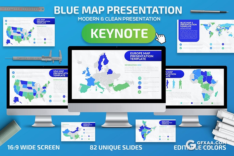 82页蓝色世界各国地图中国地图keynote模板 - 顶尖PPT