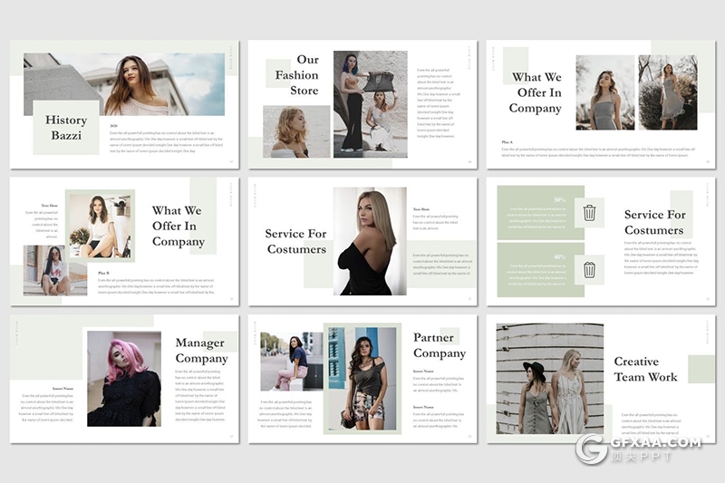 30页极简文艺小清新风格时尚模特服装主题行业PPT模板5种主题配色 - 顶尖PPT