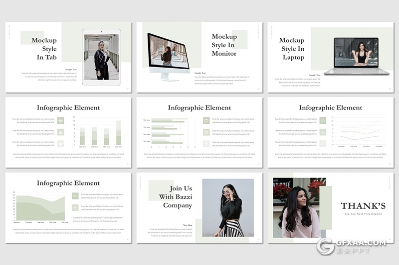 30页极简文艺小清新风格时尚模特服装主题行业PPT模板5种主题配色 - 顶尖PPT