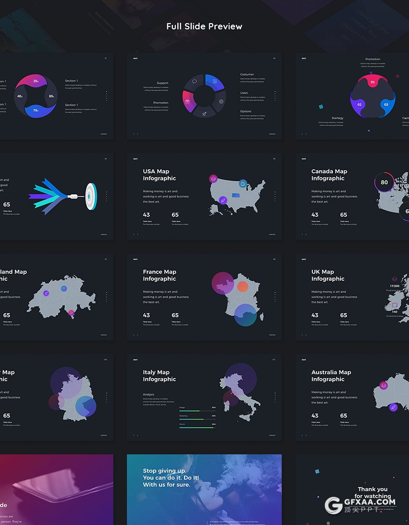 105页国外创意彩色图形设计作品展示工作规划总结PPT模板黑白两种底色 - 顶尖PPT