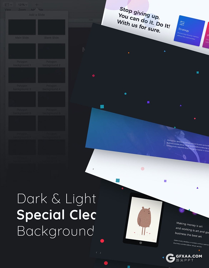 105页国外创意彩色图形设计作品展示工作规划总结PPT模板黑白两种底色 - 顶尖PPT