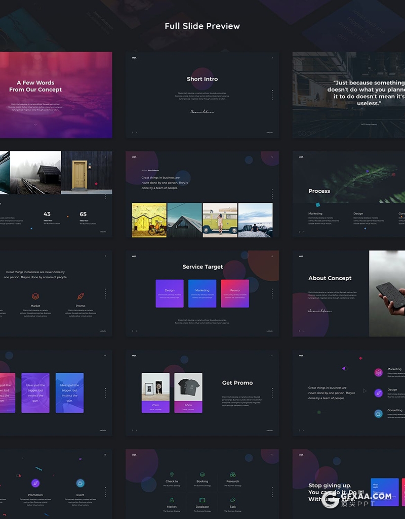 105页国外创意彩色图形设计作品展示工作规划总结PPT模板黑白两种底色 - 顶尖PPT