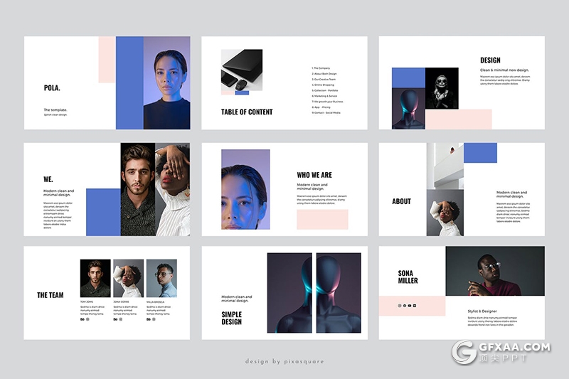 55页极简风格色块组合设计简约PPT模板 - 顶尖PPT