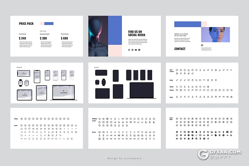 55页极简风格色块组合设计简约PPT模板 - 顶尖PPT