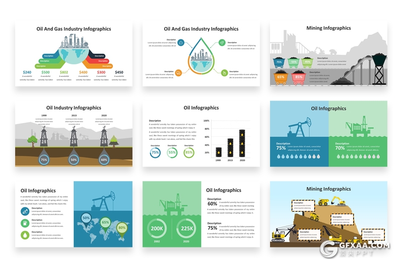 PPT石油矿石开采过程扁平化卡通概念插画PPT模板 - 顶尖PPT
