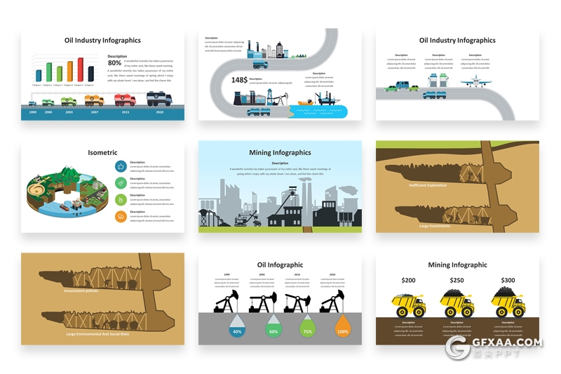 PPT石油矿石开采过程扁平化卡通概念插画PPT模板 - 顶尖PPT