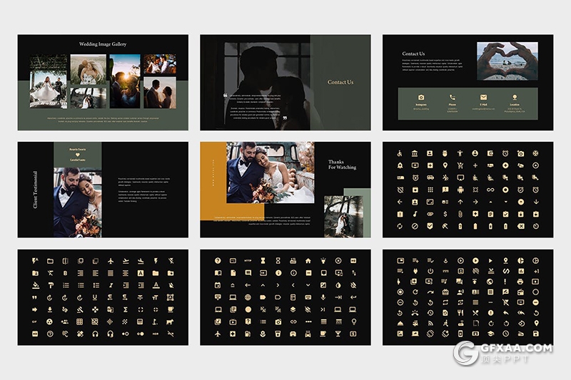 62页黑白两种底色婚礼摄影公司婚礼策划扁平化PPT模板 - 顶尖PPT
