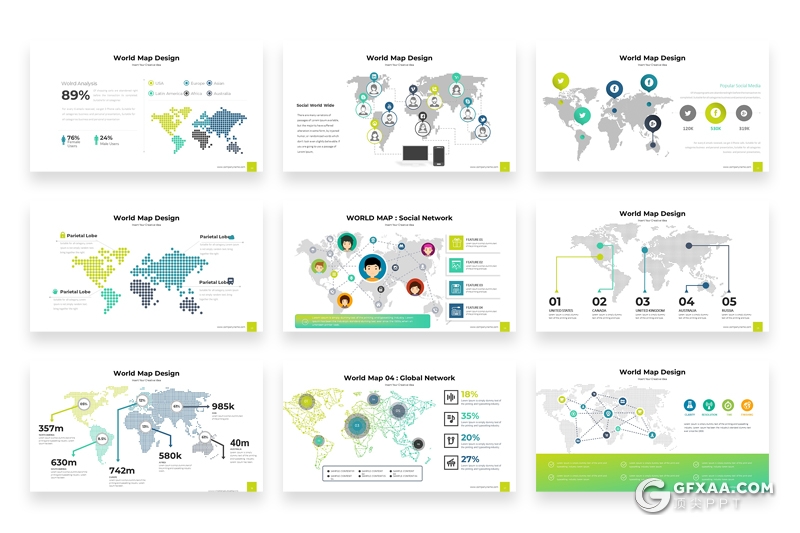 33张不同样式风格可编辑世界地图PPT模板World Map PowerPoint模板 - 顶尖PPT