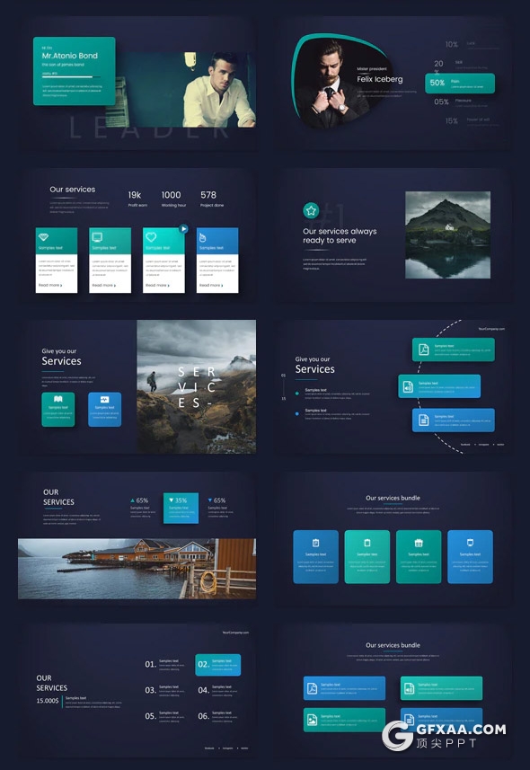 241页蓝绿渐变国外高端商务企业团队介绍展示项目推广商务数据图形设计多用途PPT模板 - 顶尖PPT