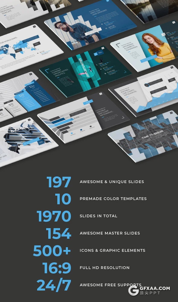 197页国外创意斜切图形版式设计企业公司宣传介绍项目合作展示工作计划汇报PPT模板10种配色主题 - 顶尖PPT