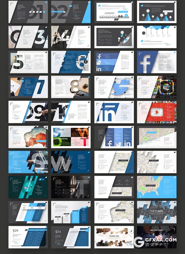 197页国外创意斜切图形版式设计企业公司宣传介绍项目合作展示工作计划汇报PPT模板10种配色主题 - 顶尖PPT