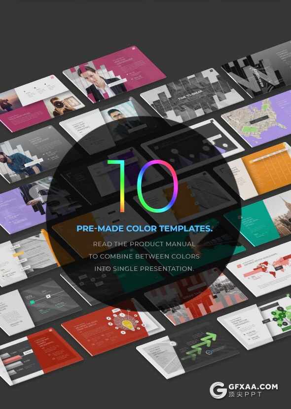 197页国外创意斜切图形版式设计企业公司宣传介绍项目合作展示工作计划汇报PPT模板10种配色主题 - 顶尖PPT