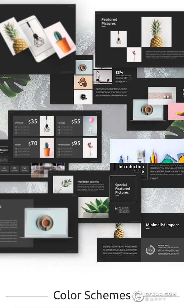 64页国外简约风格时尚企业介绍作品展示通用PPT模板11种主题配色 - 顶尖PPT