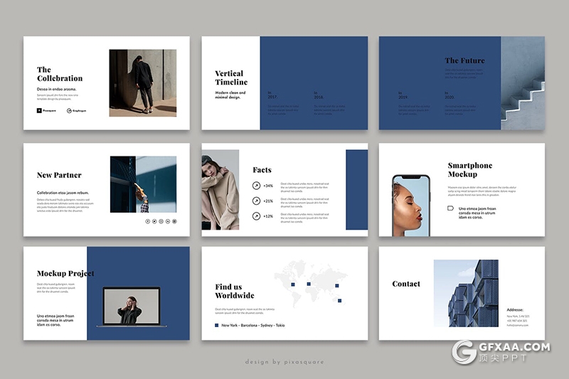 62页蓝色扁平化时尚服装秀模特写真展示PPT模板 - 顶尖PPT