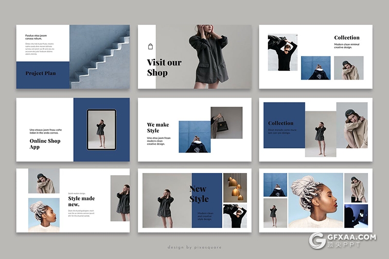 62页蓝色扁平化时尚服装秀模特写真展示PPT模板 - 顶尖PPT