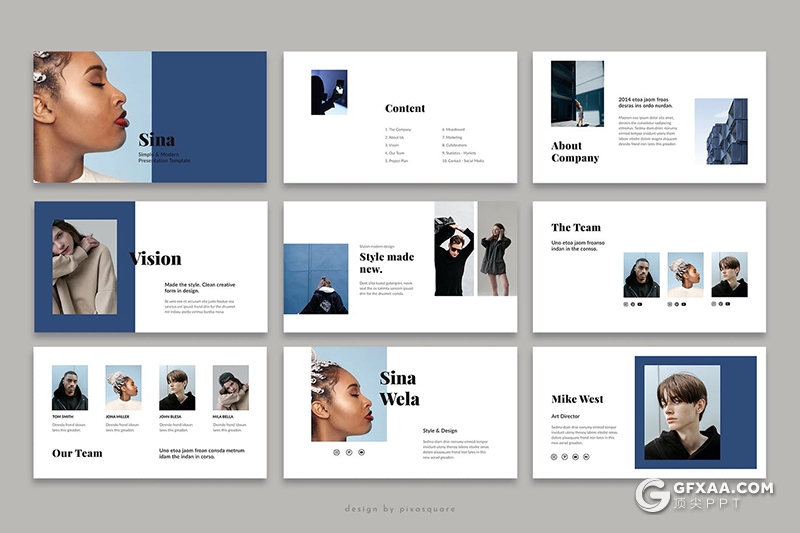 62页蓝色扁平化时尚服装秀模特写真展示PPT模板 - 顶尖PPT