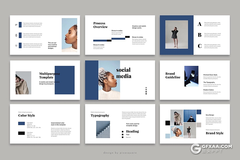 62页蓝色扁平化时尚服装秀模特写真展示PPT模板 - 顶尖PPT