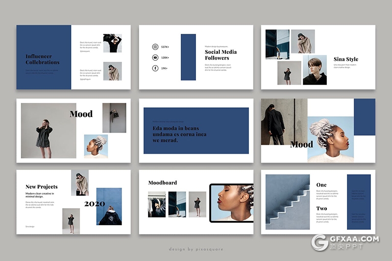 62页蓝色扁平化时尚服装秀模特写真展示PPT模板 - 顶尖PPT