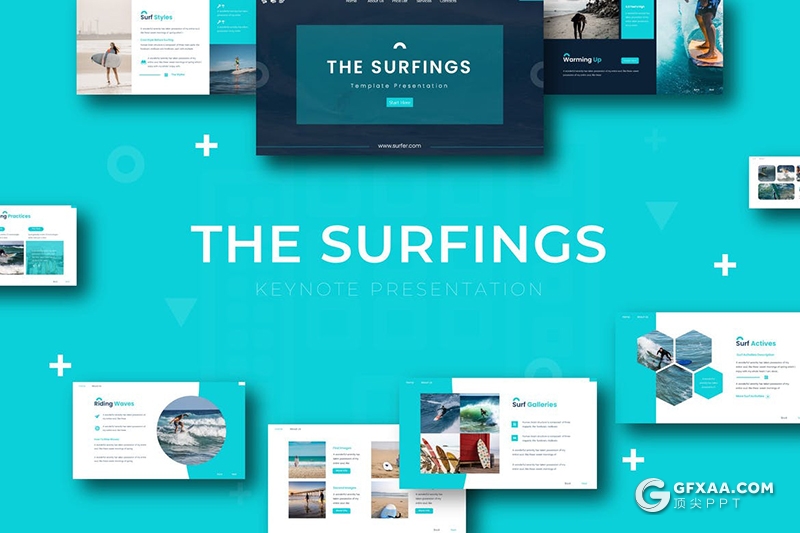 30页扁平化简约风格户外旅游冲浪项目介绍通用keynote模板5种主题配色 - 顶尖PPT