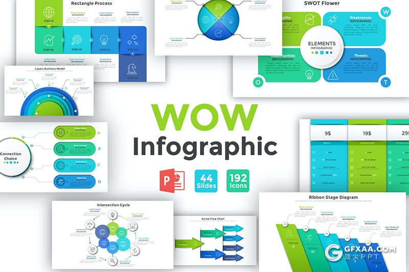 44页蓝绿配色微立体风格创意商务信息图形PPT动画模板 - 顶尖PPT