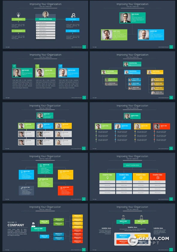 60页彩色组织架构和数据统计图形PPT模板10种配色2种尺寸 - 顶尖PPT