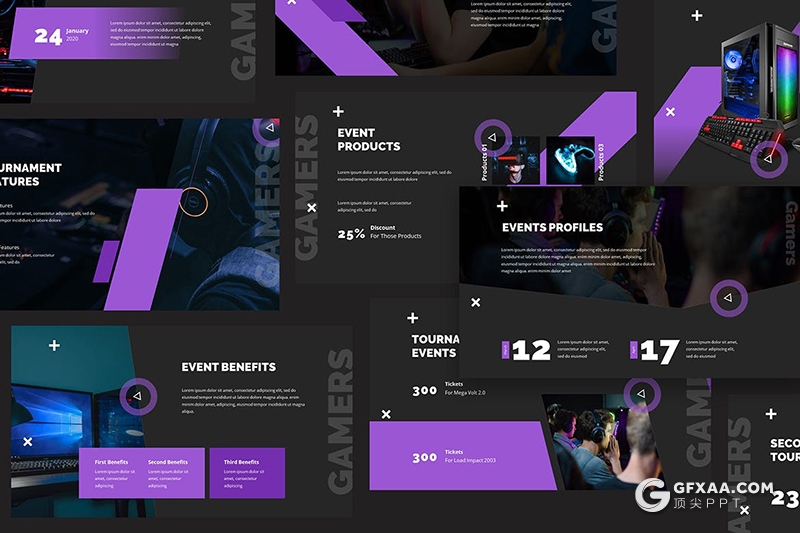 30页创意几何图形设计电竞游戏行业推广数据分析keynote模板 - 顶尖PPT