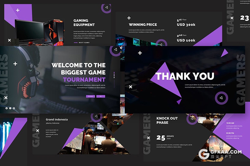 30页创意几何图形设计电竞游戏行业推广数据分析Google slides模板 - 顶尖PPT